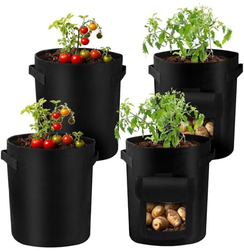 SEATOGEM 4 Stück Pflanzsack, Pflanzenwachstumstaschen mit Fenster, Pflanztasche mit 8 Pflanzenschilder, Grow Töpfe für Kartoffeln, Tomaten und Erdbeeren