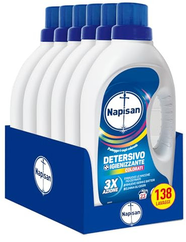 Napisan Detersivo Lavatrice Liquido Igienizzante Capi Colorati, 6 Confezioni da 1.15 l da 138 Lavaggi di Detersivo Lavatrice Liquido