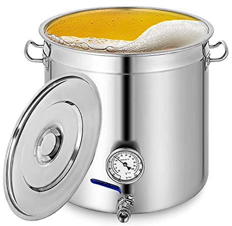 KUANGGE Olla de Acero Inoxidable de 6 tamaños para elaboración de Cerveza casera, Suministros para elaboración de Cerveza casera con Tapa, termómetro y válvula de Bola para elaboración de Cerveza, 4