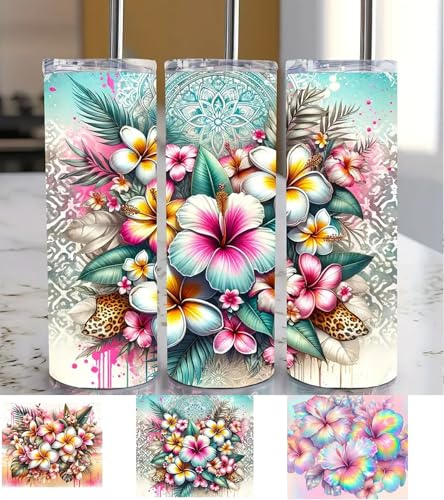 3pcs Summer Rainbow Hibiscus Flower UV DTF Transfer Waterproof Sticker for Glass Cups Furniture Craft DIY Crafts，Rub on Transfer Stickers for DIY Water Bottle Laptop Decal Wood Car