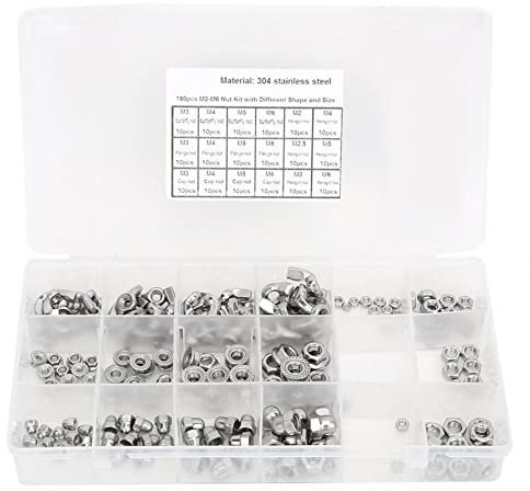 180 Stück M2/M2,5/M3/M4/M5/M6 Edelstahl-Muttern-Set, handfest anziehen, Flügelmutter, Flügelflansch, Kappenabdeckung, Sechskantmutter, selbstsichernde Kontermutter