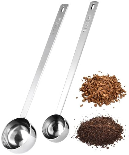 Doosu Long Handled Coffee Scoop, 18/8 Stainless Steel Measure, 21cm/15&30ml | Extra Long Metal Measuring Tablespoon Scooper for Ground Coffee Beans, Espresso, Protein Powder, Tea (1&2Tbsp, Silver)
