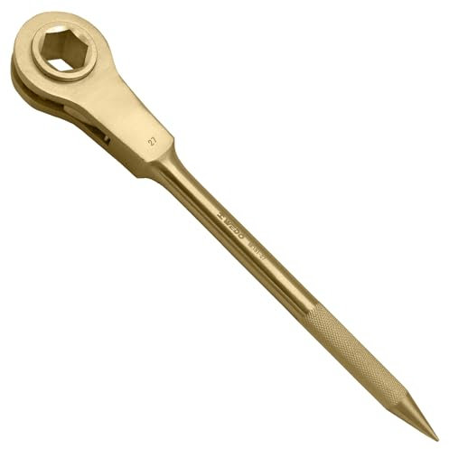 WEDO Non-Sparking Ratchet Wrench,Spark-Free 6 Point Box End Wrench,Metric 24mm,Length 329mm,Alignment and Tail Crowbar,Aluminum Bronze,Corrosion-Resistance,DIN Standard,BAM&FM Certificate