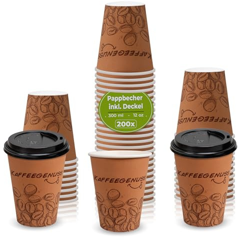 MH QUALITY 200x Kaffeebecher to go einwandig Dunkelbraun 300 ml / 12 Oz mit Deckel Schwarz 200 Stück