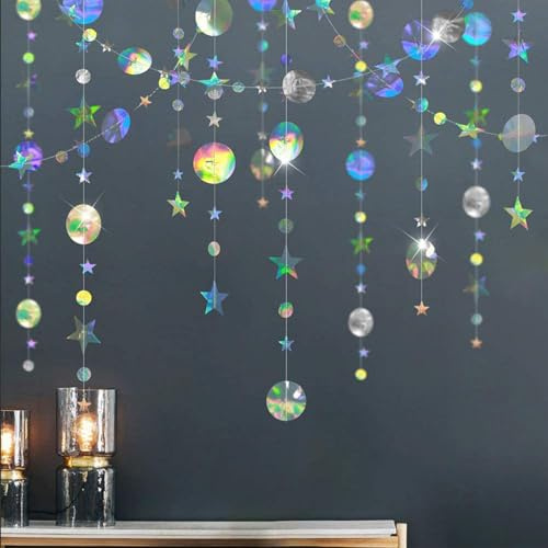 DazzJoy Papier Girlande Sterne,4M x 3 Glitzer Hängende Girlande Geburtstag,Geburtstagsdeko Bunt,Discokugel Deko,Rund und Stern Girlanden für Party Deko Jubiläen Hochzeit Kindergeburtstag Deko