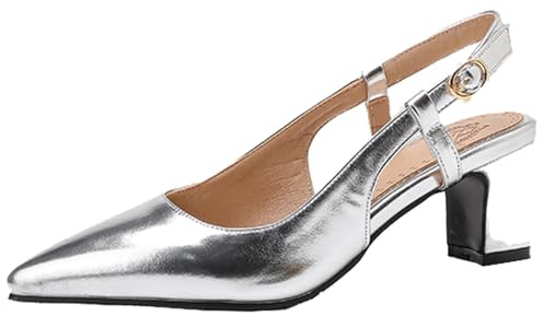 XINXINIO Zapatos de tacón para mujer con tacón de bloque de 5,5 cm. Elegante zapato de punta con talón abierto de piel sintética para ropa de noche, plata, 35 EU