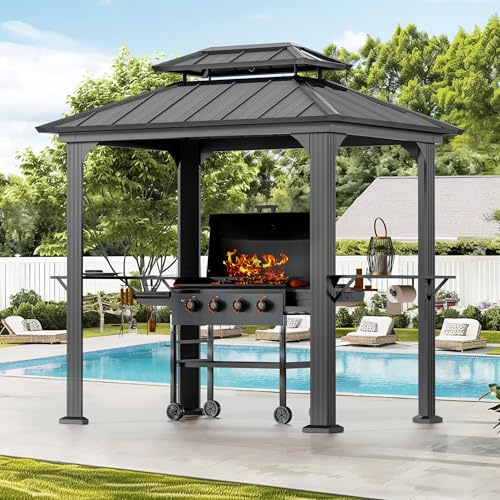 Modern Shade Grillpavillon 2 × 2,5m, Wetterfeste Aluminium Gartenpavillon mit Regalen & Decken-Haken, Outdoor Hartdach-Grillüberdachung mit feuerverzinktem Stahldach, für Terrasse Rasen Garten BBQ