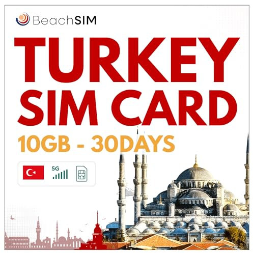 BeachSIM Tarjeta SIM Turquía 30 días. 10GB de Datos con Velocidad 4G/5G. Tarjeta SIM de prepago sólo para Datos. Activación rápida. Fácil de recargar. Funciona en Dispositivos iOS y Android.