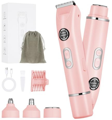 AOOWU Afeitadora Mujer, 4 en 1 Rasuradora Mujer Zona Intima, LED Display Kit Afeitadora Electrica IPX7 Impermeable Uso en Seco y Mojado para Cuerpo, Zona del Bikini, Vello Facial, Nariz y Cejas, Rosa