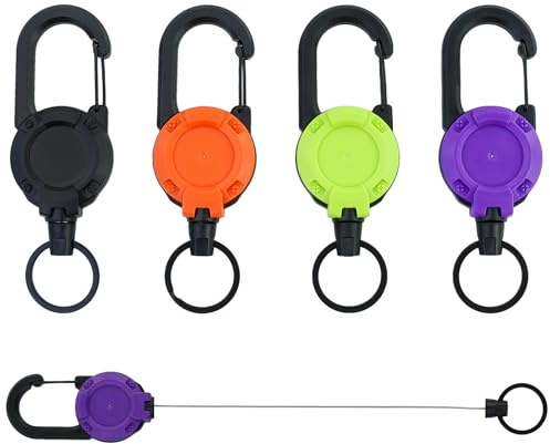 Lot de 4 porte-clés amovibles, 4 cordes en acier de 60 cm, cordon avec grand mousqueton, porte-badge rétractable, bobine de badge, porte-badge avec fil d'acier, pour clés