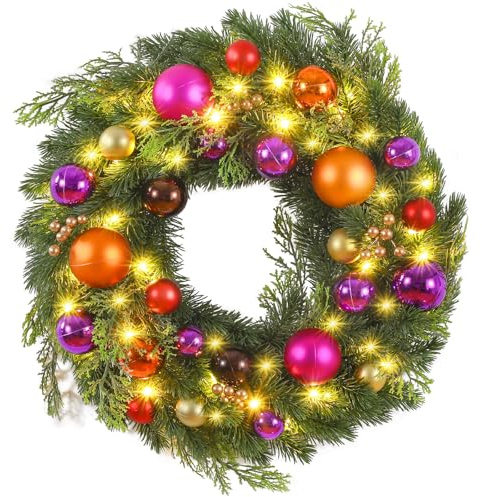 Ulinek Christmas Wreath, 40 LED Wreath Decoration Xmas with Timer for Front Door, Door Hanging Garland Light up Christmas Wreath Battery Operated Decor Wreath Indoor for Door Window Wall Multicolour