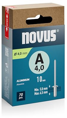 Novus Tools Rivetti ciechi in alluminio Ø 4,0 mm, lunghezza 10 mm, 70 rivetti, lunghezza morsetto 5,0-6,5 mm, ideale per il fissaggio di metalli non ferrosi, plastica, pelle e tessuti