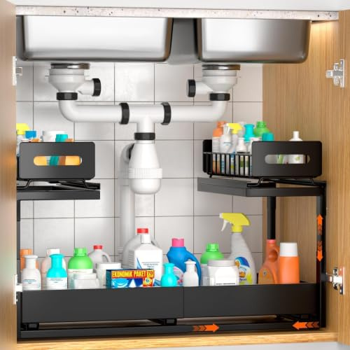 BLYLUND spülenunterschrank organizer 2 tiere ausziehbarer schrank organizer mit ausziehbaren schubladen, höhe einstellbar unterschrank regal spülschrank für Küche bad organisation rack(Schwarz)