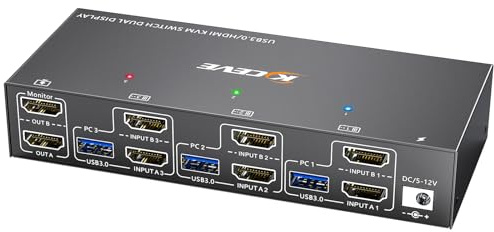 YOUTINGHDAV KVM Commutateur 3 PC 2 moniteurs HDMI, émulateur EDID, USB 3.0 HDMI 2.0 KVM Switch Dual Monitor 4K @ 60Hz pour 3 pièces clavier, souris, avec télécommande filaire et adaptateur