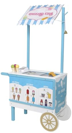 Carrito de helado de madera para niños de 3 a 8 años, carrito de juguete para niños con cajones, campana, palo, hamburguesas, sándwiches, etc.