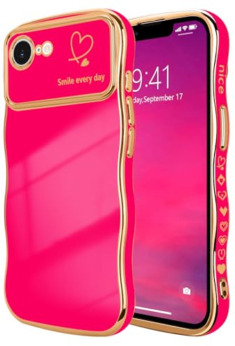 LCHULLE Kompatibel mit iPhone 16e Hülle Liebesherz Mädchen Handyhülle Wellen Lockige Form mit erhoben Kameraschutz Luxus Galvanisierte Schutzhülle Girls Case für iPhone 16e Rosarot