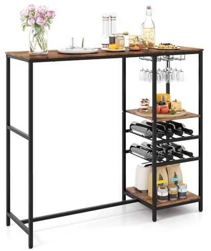GIANTEX Mesa de Bar Industrial con Estantería Lateral, 2 Estantes Abiertos, 2 Botelleros y Soportes para 12 Copas, 121 x 41 x 105,5 cm, Mesa de Bistro Alta para Cocina, Comedor, Bar