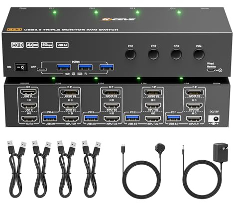 KVM Switch 3 Monitors 4 Computers 4K@60Hz,EDID Simulation,USB 3.0 HDMI Displayport KVM Switch Triple Monitor for 4 PC Share 3 Monitors and Keyboard Mouse Printer,with Wired Remote and 4 USB Cables