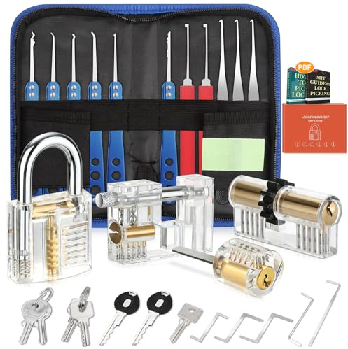 33 Pcs Lock Picking Kit, [Upgraded Version] Diyife Lock Pick Set with 4 Transparent Training Locks 3 Key Extractors & 8 Locks Picking Tools for Lockpicking, Guide for Beginner and Locksmith Training