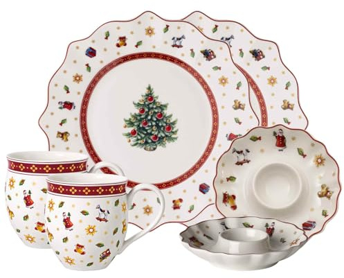 Villeroy & Boch Toy's Delight Lot de 6 pièces pour petit-déjeuner, ensemble de vaisselle pour 2 personnes avec assiettes à petit-déjeuner, tasses et coquetiers, vaisselle de Noël, porcelaine de