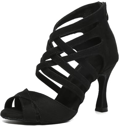 MINITOO Chaussures de danse latine sexy pour femme - Avec lanières - Pour le soir, L635 Noir Talon 9 cm, 37 EU