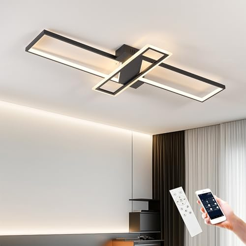 LED Deckenleuchte Dimmbar Wohnzimmer Deckenlampe mit Fernbedienung APP, 3000K-6000K, 74W Schwarz Wohnzimmerlampe Schlafzimmer Lampe Rechtecke Modern Deckenbeleuchtung Nachtlicht und Timerfunktion