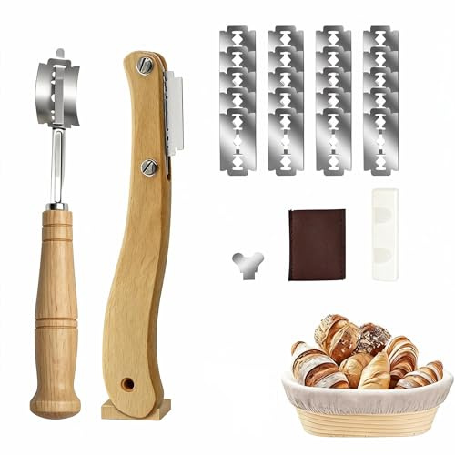 Bäckermesser 2er Set, Brotbäder Slashing Werkzeug, inkl. 20 Ersatzklingen Teigmesser Set für gerade und geschwungene Schnitte, Brotmesser zum Einschneiden von Baguette Brötch Brot Backen Zubehör