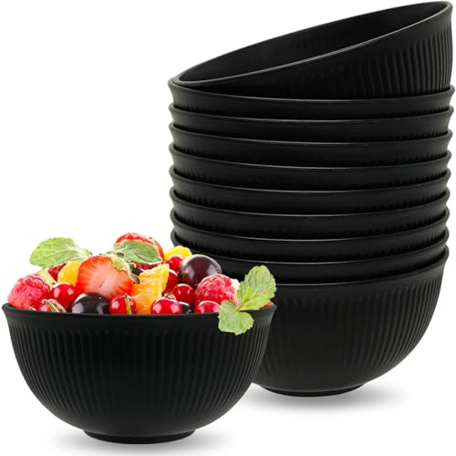 Ymeeaa 10 PCS Reusable Plastic Bowls Set Unbreakable Cereal Bowl 655ML/22OZ Lightweight Breakfast Bowls Black Serving Bowls for Soup Noodle Snack Fruit Salad Rice Parties - 15cm Width