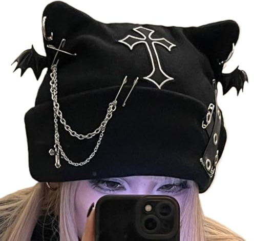 Katt Öronformad Mössa - Virkkedja Design För Streetwear Stil | Goth Varm Hatt För Vinter, För Kvinnor Flickor Tonåringar Jul Utomhus Cosplay Party