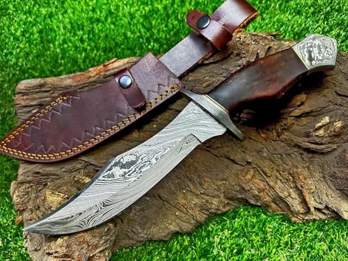 Handmade Hunting Knife, 26 cm Damascus Steel Blade, Rosewood Handle, 39 cm Overall Length, Real Leather Sheath (Bowie-2)