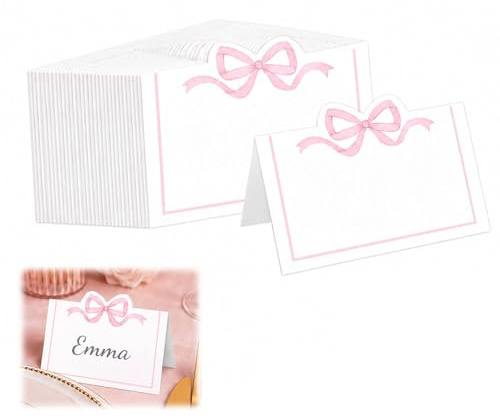 50 Pack Pink Bow Place Cards Foldable Table Name Cards for Weddings Parties