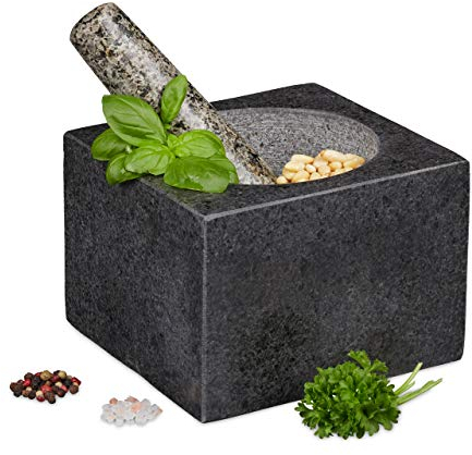 Relaxdays Mortero con Mano, Pulido, Duradero, Especias y Hierbas, 500 ml, Moledor Piedra, 14,5 x 14,5 cm, Gris Oscuro