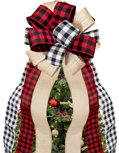 Fvviia Christmas Tree Topper Large Buffalo Plaid Burlap Red and Black Gift Bow for Xmas Tree Handmade Holiday Party Decorations-13 x 29 Inch