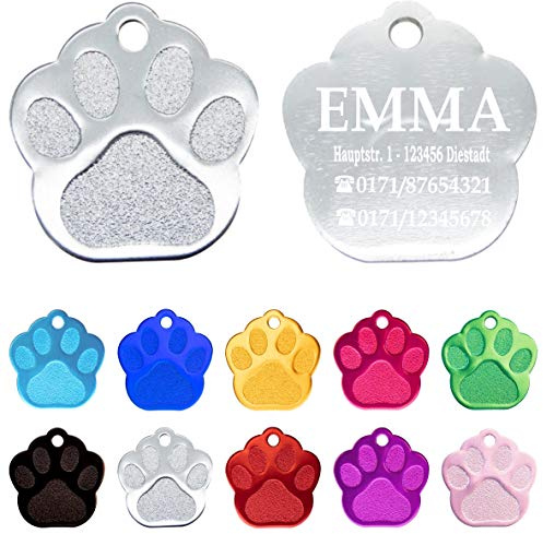 Ibera gifts - Hundemarke mit Gravur und personalisierte Hundemarke in Pfotenform für mittelgroße bis große Hunde und Katzen (Silber)