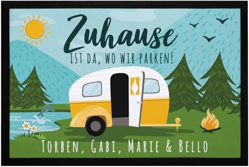SpecialMe Fußmatte Familie personalisiert mit Namen Zuhause ist da wo wir parken Camping Wohnwagen rutschfest & waschbar Schwarz 60x40cm