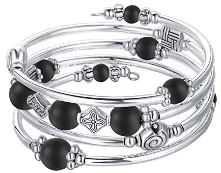 Bulinlin Damen Wickelarmband mit Achat Stein Silber Mehrschichtiges Perlen Armbänder Geburtstags Modeschmuck Geschenk für Frauen(Matte Black)