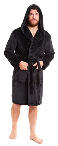 Toro Rocco Mens Hooded Robe Super Soft Long Flannel Fleece Bathrobe Dressing Gown For Men Bath Robes (Black, L)
