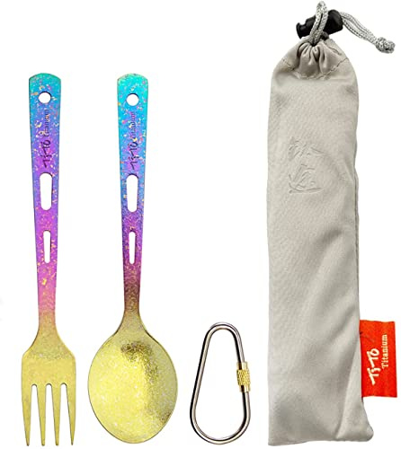 TiTo Titanium Titan Campingredskap set 3 Delar Titan Sked Gaffel Kniv Kombo Extra Stark Ultralätt (Ti) Kniv Gaffel Sked Set med Förvaringsväska för Utomhus Vandring Picknick Hemmabruk (Färgrik)