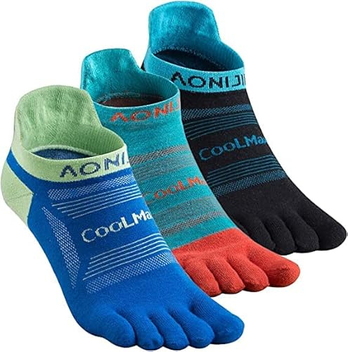 AONIJIE Running Ankle Toe Socks for Men and Women Lightweight Coolmax High Performance Five Finger Athletic Socks(3 Pairs/A: Black, Turquoise, Blue,M)