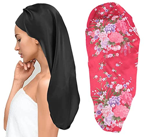 LadayPoa Lange Satin Haarhaube Mädchen seidige Mütze Damen,2 Stück Lange Satin Schlafmütze zum Schlafen Extra Große Satin Schlafmütze für langes lockiges Haar Schutz …