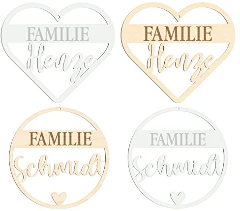 Alsino Türkranz Familie Holzschild Namen personalisiert - Handmade Dekoration aus Holz oder Acrylglas Familie + Wunschname ab 20 cm Herzform rund - Haustürschild, Geschenk für Haus und Zuhause