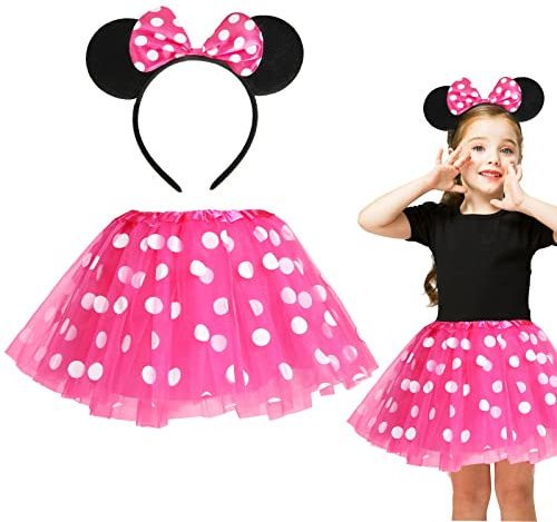 Capaneus Mädchen Maus Mouse Kostüm Set,Kinderkostüme Mäuschen Rot Rosa Tutu mit weiß Gepunktet+Haarreifen mit Maus Ohren und Schleife für Halloween Fasching Karneval Motto Cosplay Party-(Rot/Rosa)