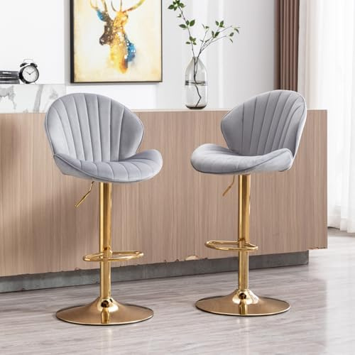 chairus Barhocker Samt Drehbar Höhenverstellbar Fußstütze 2er Set Grau | Samt-Bezug, 360° drehbar, höhenverstellbar, mit Fußstütze, für Küche, Theke