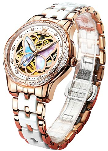 OLEVS Automatic Self Winding Watches for Women Rose Gold Stainless Steel Skeleton Watch Easy to Read White Mother of Pearl Face Butterfly Womens Ceramic Watches Waterproof Luminous Reloj para Mujer