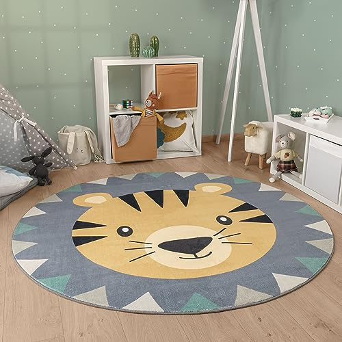 Paco Home Kinderteppich Teppich Kinderzimmer Rund Spielmatte Babymatte Waschbar Bis 30 Grad Löwenkopf Bärenkopf Moderne Deko, Grösse:160 cm Rund, Farbe:Bunt