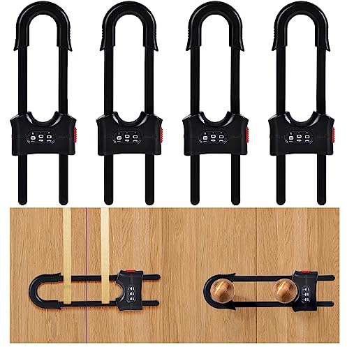 4 Packs U-Shaped Sliding Cabinet Locks, Baby Proofing Cabinets with Adjustable Child Safety Lock, Childproof Latches for Knobs, Handles on Kitchen Doors and Home Drawers Closet - Black