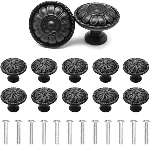 YSDMY schrankknöpfe 12 Stück runde schubladenknöpfe，30mm möbelknopf schwarz mit Schrauben，Schranktürknöpfe Blumen Muster Runde kommodenknöpfe vintage Für Möbel Kommode