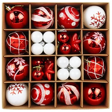 Norhogo Weihnachtskugeln Weihnachtskugeln mit Box, Weihnachtskugeln Kunststoff Set, 6CM Christbaumkugeln Weiße Weihnachtskugeln Rot, Christbaumschmuck Baumschmuck Weihnachten Deko 3-6cm/42pcs