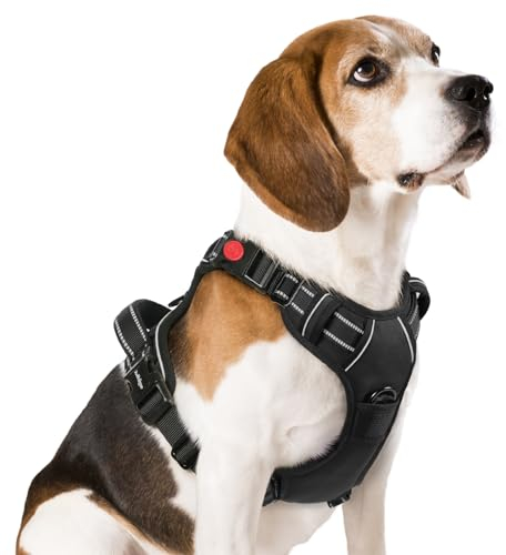 rabbitgoo Dog Harness Medium with Neck Release Buckle, Adjustable No Pull Harness with Front Back Clips, Soft Padded with Easy Control Handle, Reflective Pet Walking Vest, Black, M