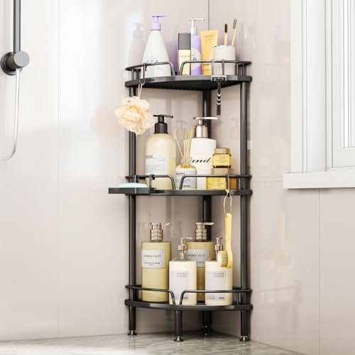 SWTYMIKI Corner Shower Caddy - 3 tier Bathroom Corner Shelf Shower Organizer Corner with 4 Hooks, Rust Free Standing Shower Caddy with Soap Holder,Shower Rack for Inside Bathroom,Shower storage,Black